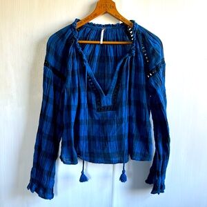 XS Free People Blue Plaid Tie Front Top